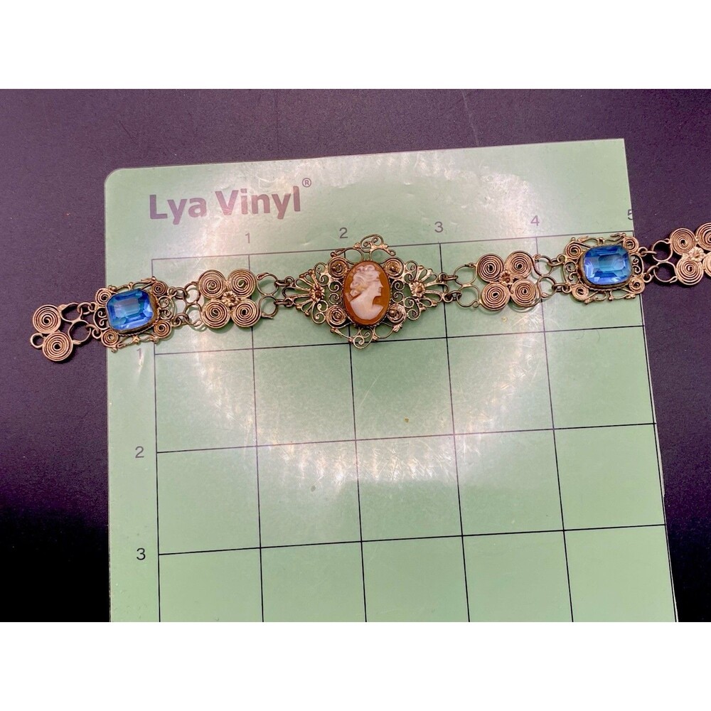 B.S 800 SILVER 7.75” Antique SHELL CAMEO FILIGREE BRACELET  Blue RHINESTONE 15Gr